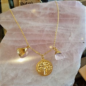 Colar Medalha Árvore da Vida Com Cristais Rolados - Folheado a Ouro