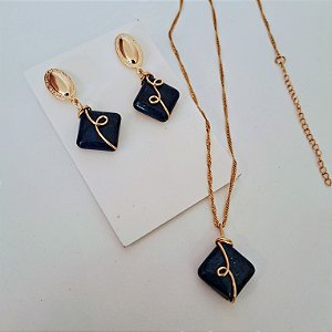 Conjunto Brinco e Colar Hippie Lápis Lazuli - Folheado a Ouro