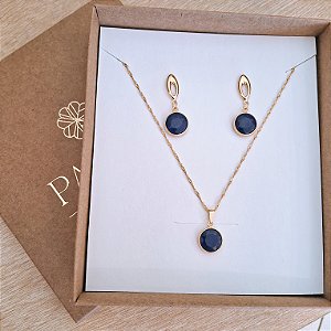 Conjunto Brinco e Colar Lápis Lazuli Facetado - Folheado a Ouro