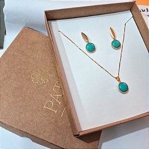 Conjunto Brinco e Colar Turquesa - Folheado a Ouro