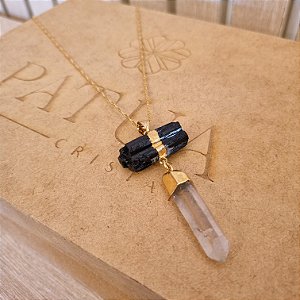 Colar Turmalina Negra e Cristal de Quartzo - Folheado a Ouro