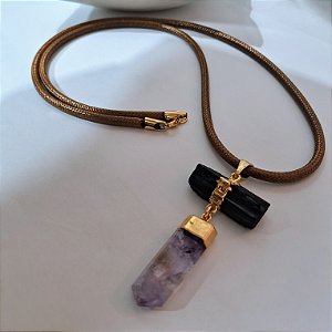 Colar Cordão Turmalina Negra e Ametista - Folheado a Ouro