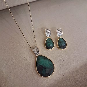 Conjunto Gota G Colar e Brinco Esmeralda com Detalhe em Ródio Branco - Folheado a Ouro