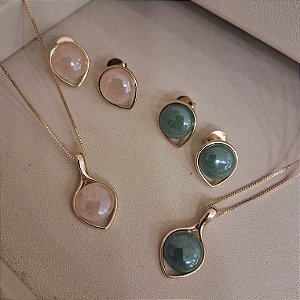 Conjunto Colar e Brinco Folha Perolado - Folheado a Ouro
