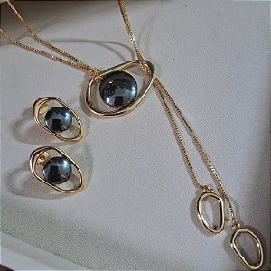 Conjunto Poder Brinco e Colar Hematita - Folheado a Ouro