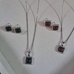 Conjunto Colar e Brinco Quadrado - Ródio Branco