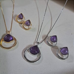 Conjunto Vazado Brinco e Colar Gota Ametista