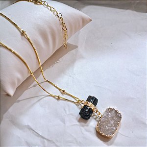 Colar Bolinha Turmalina Negra e Geodo Ágata - Folheado a Ouro
