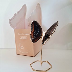 Borboleta Ágata Preta - Base Dourada - Base de Ferro