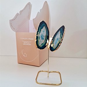 Borboleta Ágata Azul - Base Dourada - Base de Ferro