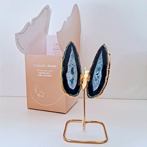 Borboleta Ágata Azul - Base Dourada - Base de Ferro