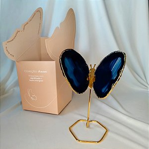 Borboleta Ágata Azul - Base Dourada - Base de Ferro