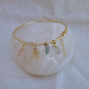 Pulseira Bracelete Meio Aro Cristais Brutos Suspensos - Folheado a Ouro