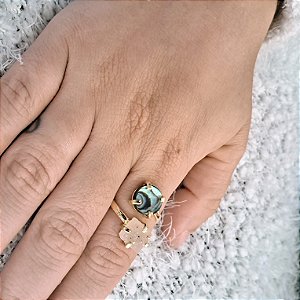 Anel Regulável Duplo Geodo Ágata e Abalone Redondo - Folheado a Ouro