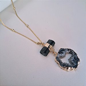 Colar Bolinha Turmalina Negra e Geodo Ágata - Folheado a Ouro