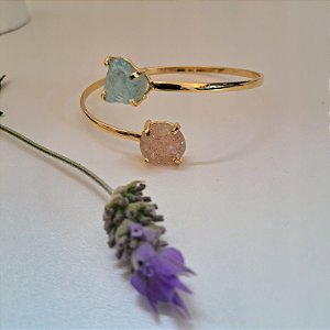 Bracelete Dual Ágata e Água Marinha - Folheado a Ouro