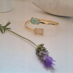 Bracelete Dual Ágata e Água Marinha - Folheado a Ouro