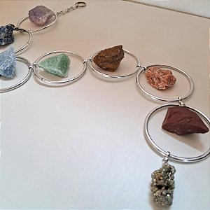 Móbile Argola Chakras - Cristais Brutos - Pirita - Prateado