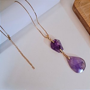 Colar Longo Geométrico Ametista - Folheado a Ouro
