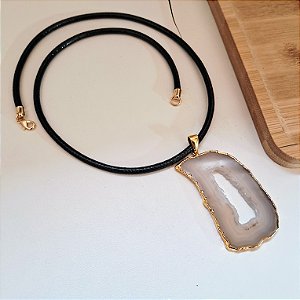Colar Cordão Preto Chapa Ágata Cinza - Folheado a Ouro