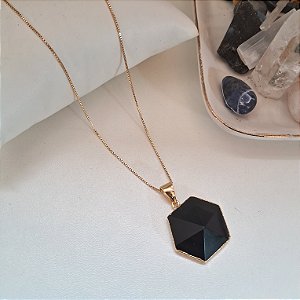 Colar Ponta Obsidiana Negra - Folheado a Ouro