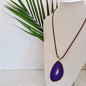 Colar Cordão Marrom Chapa Ágata Roxa - Folheado a Ouro