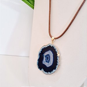 Colar Cordão Marrom Chapa Ágata Azul - Folheado a Ouro