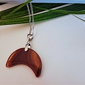 Colar Lua Ágata Marrom - Ródio Branco