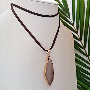 Colar Cordão Chapa Ágata Cinza - Folheado a Ouro