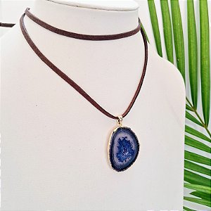 Colar Cordão Chapa Ágata Azul - Folheado a Ouro