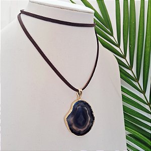 Colar Cordão Chapa Ágata Preta - Folheado a Ouro