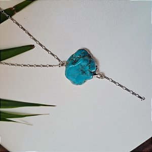 Colar Turquesa Bruta com Borda - Ródio Branco