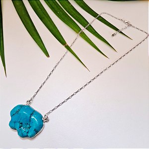 Colar Turquesa Bruta com Borda - Ródio Branco