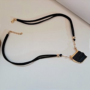 Colar Cordão Hippie Turmalina Negra com Borda - Folheado a Ouro