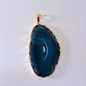 Pingente Ágata Azul - Borda Dourada - Folheado a Ouro