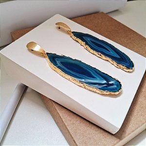 Brinco Ágata Azul - Folheado a Ouro