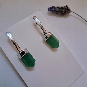 Brinco Reto Ponta Quartzo Verde - Ródio Branco