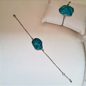Pulseira Turquesa Bruta com Borda  - Ródio Branco