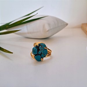 Anel Regulável Garra Turquesa Bruta - Folheado a Ouro