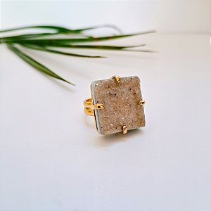 Anel Geodo Quadrado Ágata - Folheado a Ouro