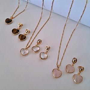 Conjunto Colar e Brinco Coração - Folheado a Ouro