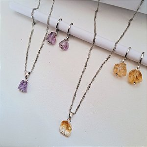 Conjunto Brinco Mini Argola e Colar Cristais Brutos - Ródio Branco