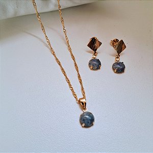 Conjunto Brinco e Colar Garra Quartzo Azul - Folheado a Ouro