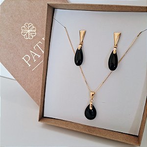 Conjunto Colar e Brinco Gota Ônix - Folheado a Ouro
