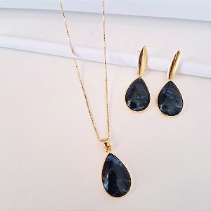 Conjunto Brinco Colar Gota Sodalita - Folheado a Ouro