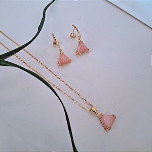 Conjunto Brinco e Colar Garra Opala Rosa Natural - Folheado a Ouro