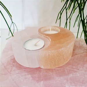 Porta Vela Yin Yang Selenita Branca e Selenita Laranja - 11,5cm