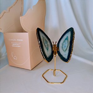 Borboleta Ágata Azul - Base Dourada - Base de Ferro
