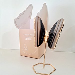 Borboleta Ágata Preta - Base Dourada - Base de Ferro