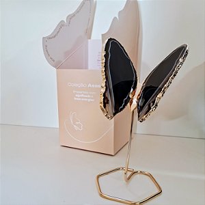 Borboleta Ágata Preta - Base Dourada - Base de Ferro